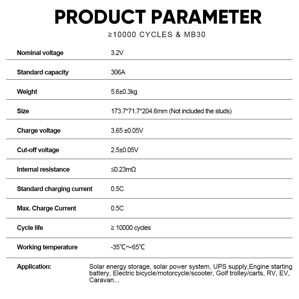 Grade A+ 10000 cycles MB30 3.2V 306AH LiFePo4 Battery