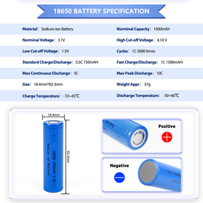 Grade A+ Cylindrical Sodium-ion Battery 18650 3.1v 1500mAh