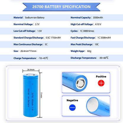 Grade A+ Cylindrical Sodium-ion Battery 26700 3.1v 3500mAh