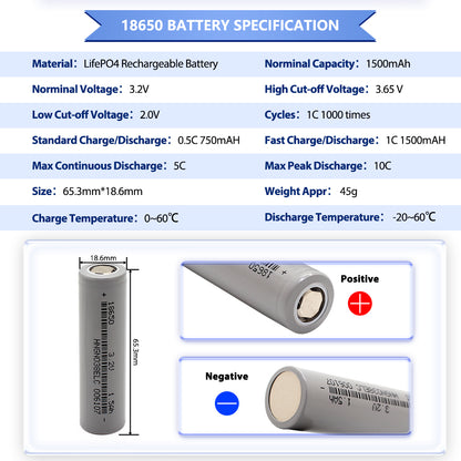 Grade A+ Cylindrical LiFePo4 Battery 18650 3.2v 1500mAh 1800mAh