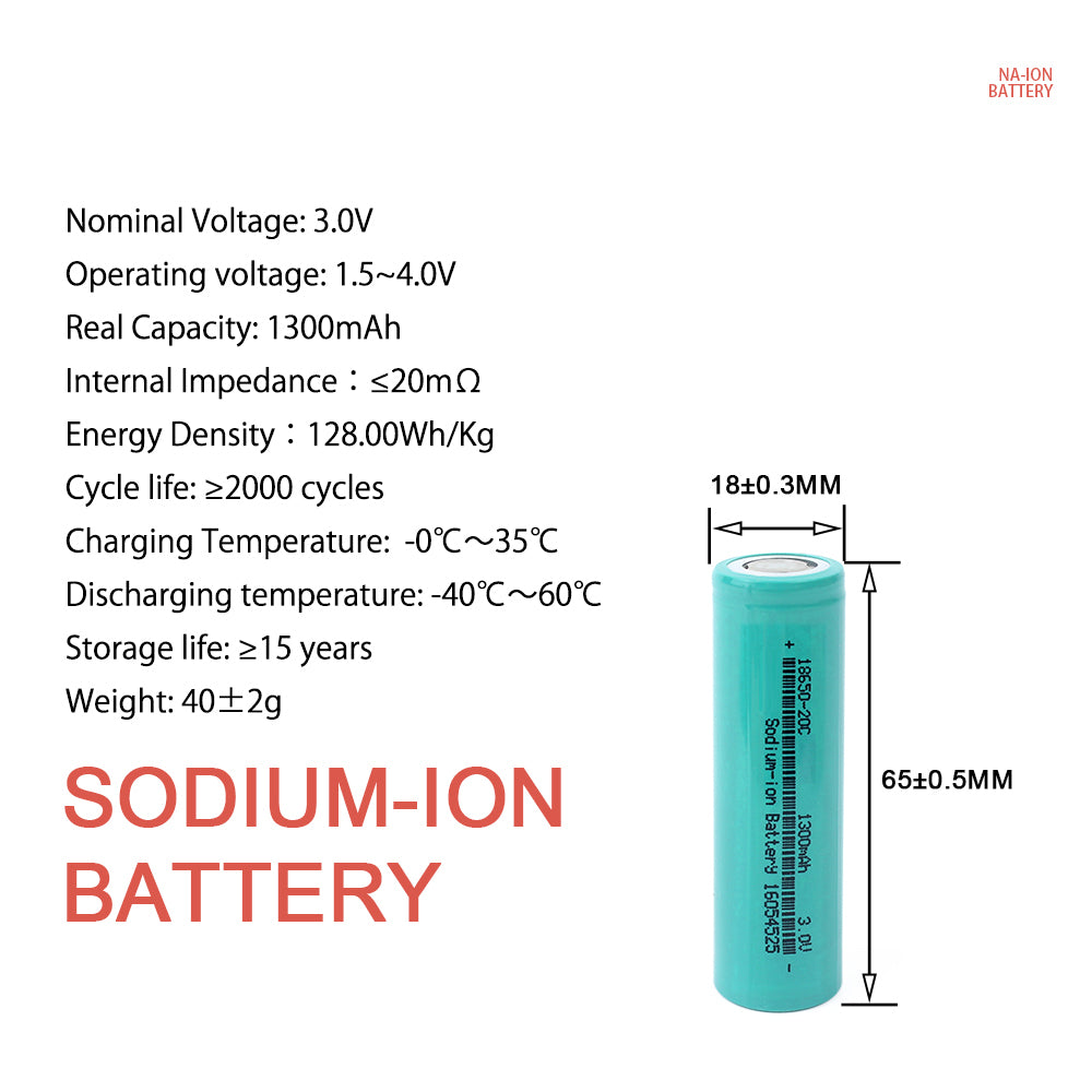 Grade A+ Cylindrical Sodium-ion Battery 18650 3V 1300mAh Discharge 20C